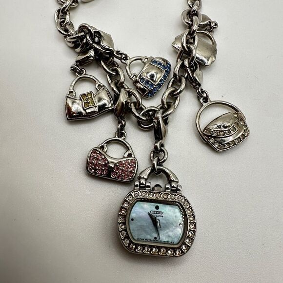 Citizen Eco-Drive Rhinestone Watch Purses Charm Bracelet Silver Tone - Picture 13 of 16